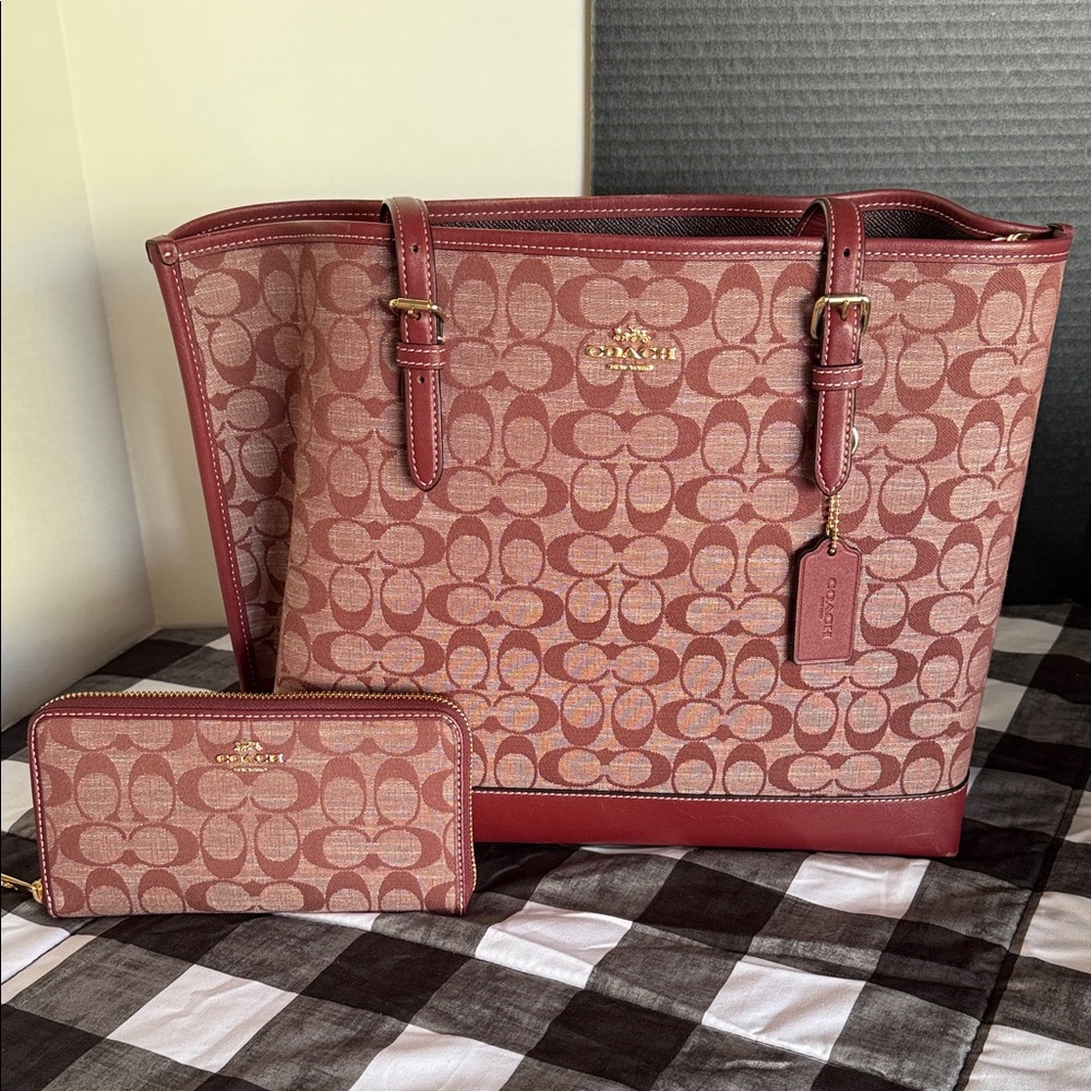 Coach Red Signature Tote and Wallet Set